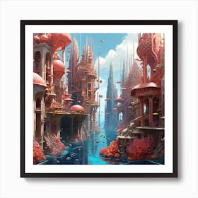 Vibrant digital art of a bustling underwater city, coral architecture Art Print
