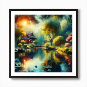 An Impressionist Style Watercolor Oil Painting Of A Tranquil Pond 1 Art Print