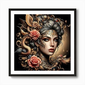 Dragon And Roses 1 Art Print