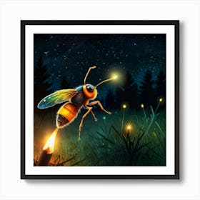 Bee Flying In The Night Art Print