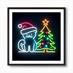 Neon Cat With Christmas Tree Art Print