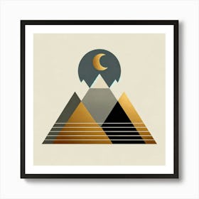 "Midnight Crescent Over Golden Peaks"  "Midnight Crescent Over Golden Peaks" offers a serene depiction of a moonlit landscape, where the crescent moon's glow illuminates the summit of geometric mountains. The piece's luxurious gold accents and the calming gradients create an atmosphere of tranquil sophistication, ideal for modern interiors seeking a touch of nocturnal elegance. Art Print