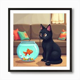 Cat And Fishbowl Art Print Funny (1) Art Print