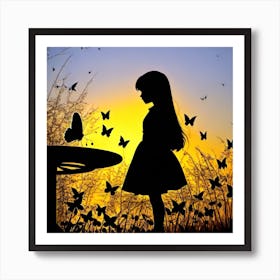 Silhouette Of A Girl With Butterflies 4 Art Print