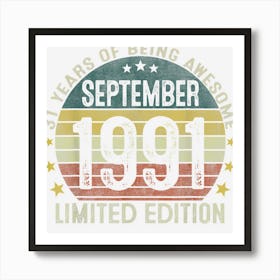 31 Years Old Gift Vintage 31th Birthday September 1991 1 Art Print