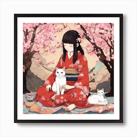 Japanese Girl With Cat Art Print 2 Art Print