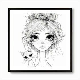 Cute Girl With Cat 1 Art Print