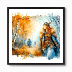 A Portrait Of A Female Warrior In The Woods Art Print