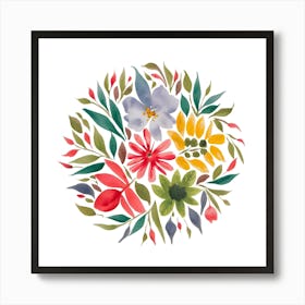 A Watercolor Painting Of Colorful Flowers And Le (4) (1) Out Art Print