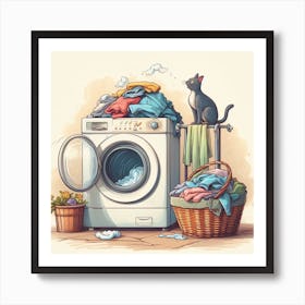 Illustration Of A Washing Machine - Laundry Machine With Cats Art Print