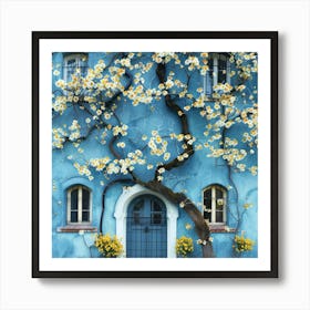 Blue House With Flowers Art Print