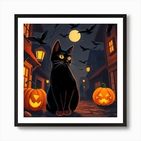 Black Cat On Street At Halloween - Diverse Art Illustration 39 Art Print