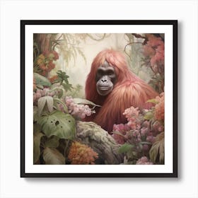 Orangutan 1 Pink Jungle Animal Portrait Art Print