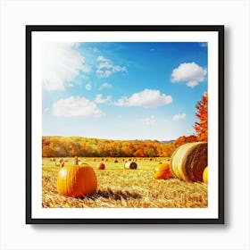 Autumn Harvest Scene Featuring Oversized Pumpkins Nestled Among Stalks Of Sunlit Corn Bales Of Hay (1) Art Print