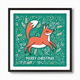 Christmas Fox Green Square Illustrated Art Print