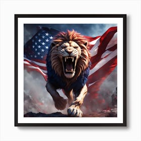 Roaring Lion With American Flag Art Print