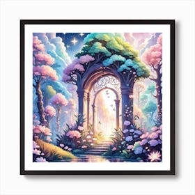 A Fantasy Forest With Twinkling Stars In Pastel Tone Square Composition 112 Art Print