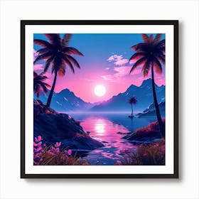 Sunset In The Mountains, Tropical Landscape With Palm Trees, blue sky, wall art, trees, flowers, and sun. good look, Art Print