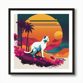 An Image Of A Cat Walking Through An Orange And Yellow Colored Landscape, In The Style Of Dark Teal (2) Art Print