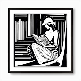 Abstract Figure Reading A Book Linocut Black And White Painting Solid White Background Hand Dra 413411330 Art Print