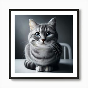 A cute, gray and white cat with big, blue eyes is sitting on a white table and looking at the camera with a curious expression on its face. Art Print