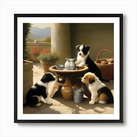 Puppies At The Table Animal Art Print Art Print