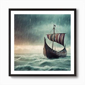 Viking Ship In Stormy Sea 5 Art Print