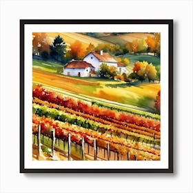 Vineyard Landscape Watercolor Painting 2 Art Print