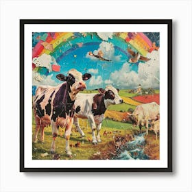 Retro Rainbow Cow Collage 3 Art Print