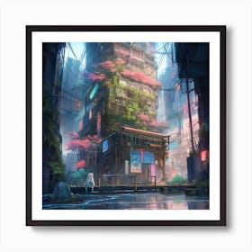 Myeera Cyberpunk City Overgrown With Ivy And Plants Jewel Neon Art Print