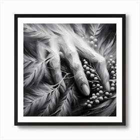 Abstract, Black And White, Nature’s Touch: Hand Among Leaves 2 Art Print