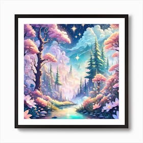 A Fantasy Forest With Twinkling Stars In Pastel Tone Square Composition 390 Art Print