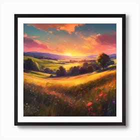 Wild Flower Meadow at Sunset Art Print