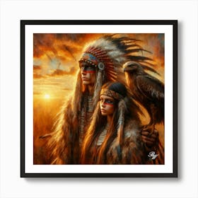 Oil Texture Native American Couple With Hawk Art Print