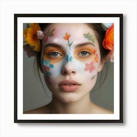 Beautiful Woman With Flowers On Her Face 1 Art Print