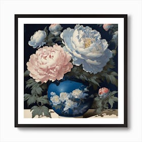 Peonies In A Blue Vase 1 Art Print