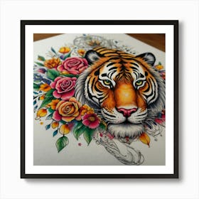 Tiger With Flowers Art Print