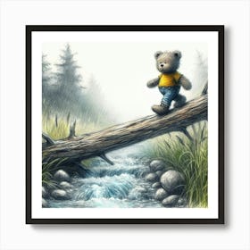 Teddy Bear Crossing Stream Art Print