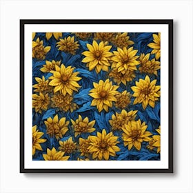 Yellow Flowers In Field With Blue Sky Centered Symmetry Painted Intricate Volumetric Lighting (7) Art Print