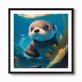 A Detailed Photograph Of A Cute Baby Sea Otter Peeking His Head Out Of The Ocean Art Print