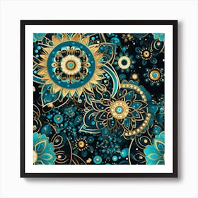 Blue And Gold Floral Pattern Art Print