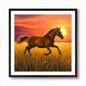 Horse Running In The Field At Sunset 3 Art Print