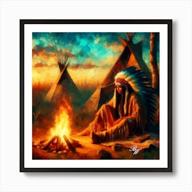 Oil Texture Native American Woman By A Campfire Copy Art Print