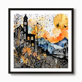 House On The Hill, Abstract Floral Painting, Design An Eclectic Collage With Overlapping Layers Of Lace Watercolor Splatters And Black Art Print