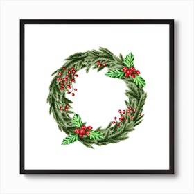 Wreath from Green Fir Branches, Red Berries and Mistletoe Art Print