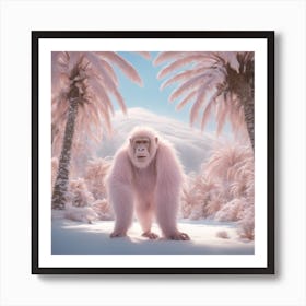 Digital Oil, Ape Wearing A Winter Coat, Whimsical And Imaginative, Soft Snowfall, Pastel Pinks, Blue (1) Art Print