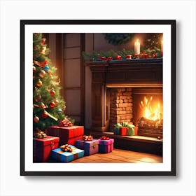 Christmas Presents Under Christmas Tree At Home Next To Fireplace Ultra Hd Realistic Vivid Colors (12) Art Print
