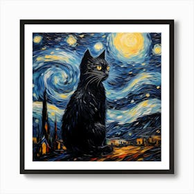 Black Cat Under The Stars, Vincent Van Gogh Inspired Art Print