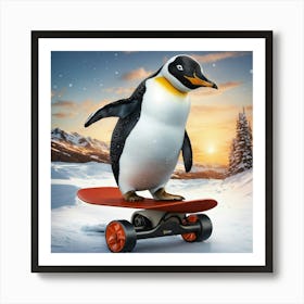 Realistic Penguin Ride On Snowboard Slide On Rail (1) Art Print