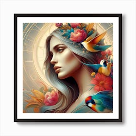 Beautiful Woman With Birds And Flowers Art Print